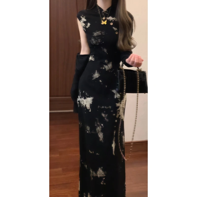 新中式国风复古木扣扎染改良旗袍连衣裙修身长裙&防晒空调衫9317