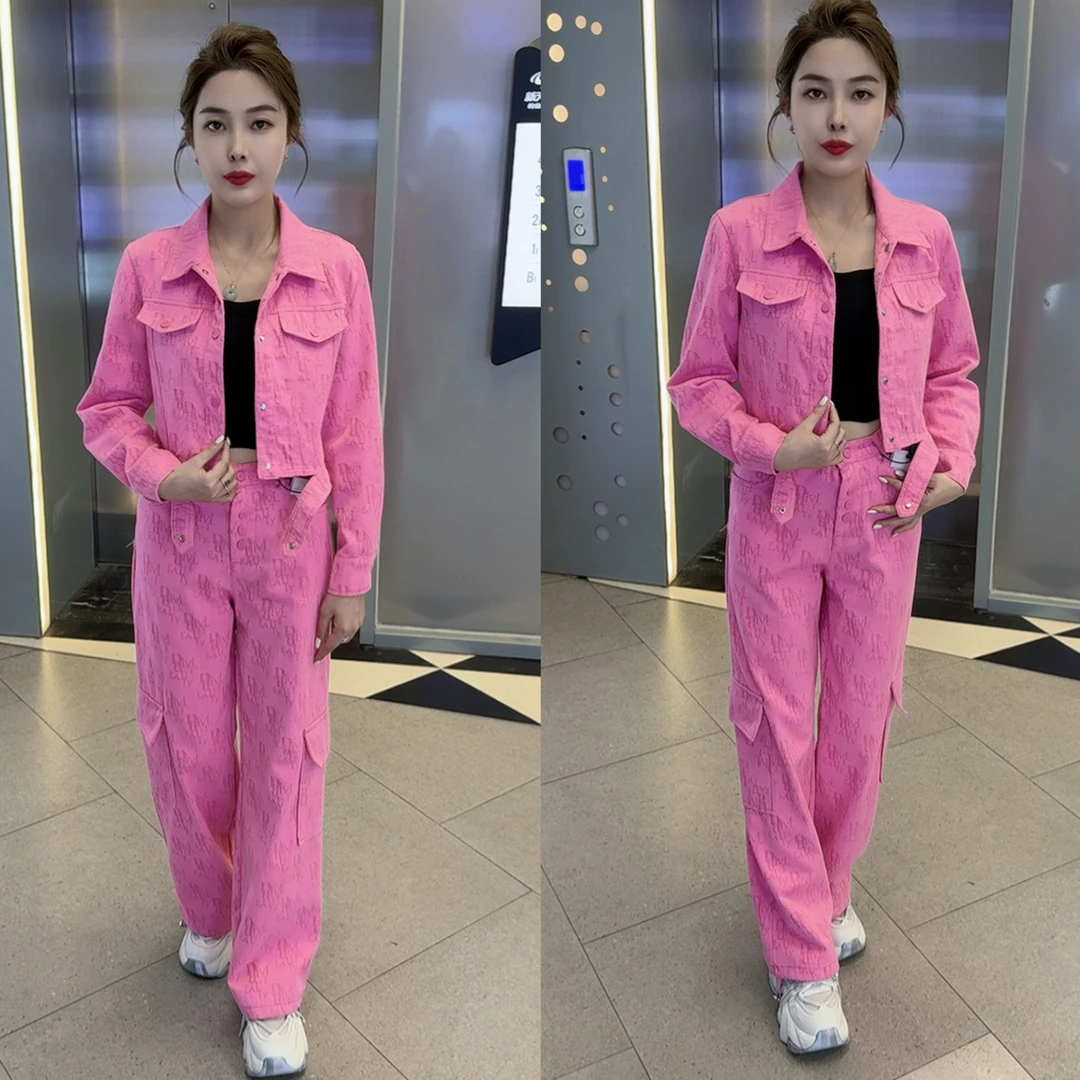 时尚洋气翻领印花彩色牛仔上衣搭配双兜可抽绳长裤两件套套装减龄