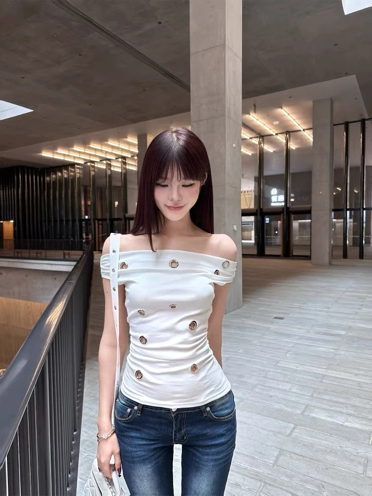 纯欲辣妹设计感气质一字肩T恤上衣女夏季2025新款高腰显瘦牛仔裤