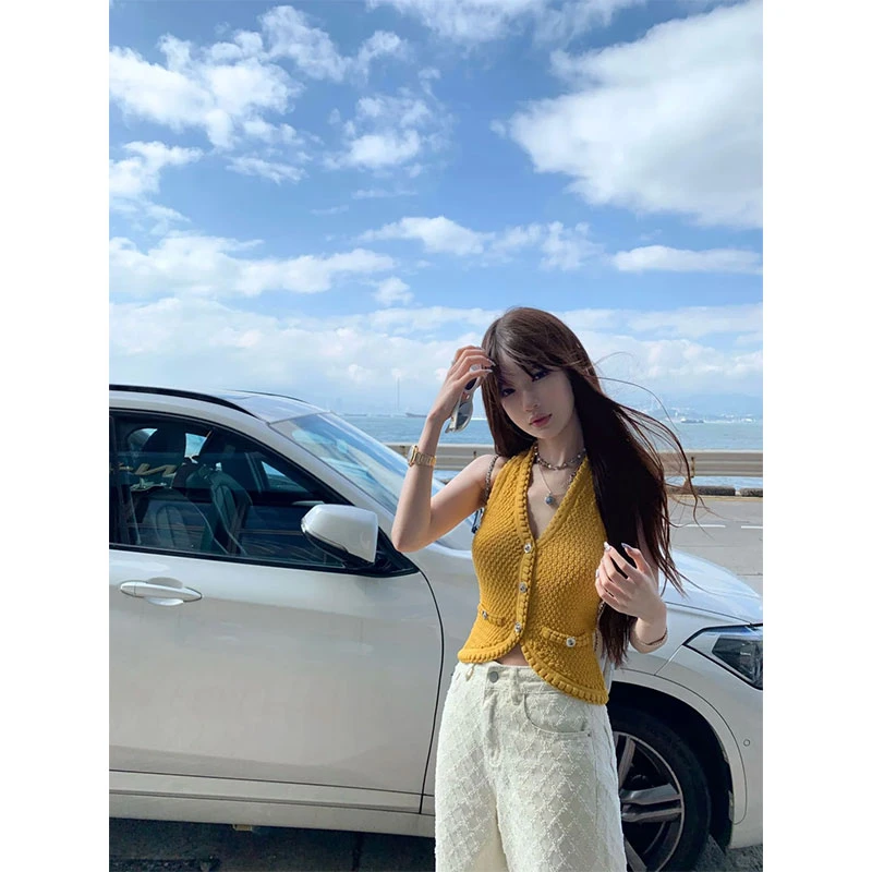 2025年夏季新款ins气质法式小香风马甲背心女高腰显瘦提花牛仔裤