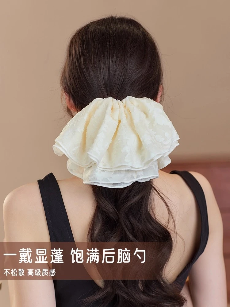 米白色超大号蕾丝大肠发圈韩系头绳皮筋女温柔低丸子双层花边头花