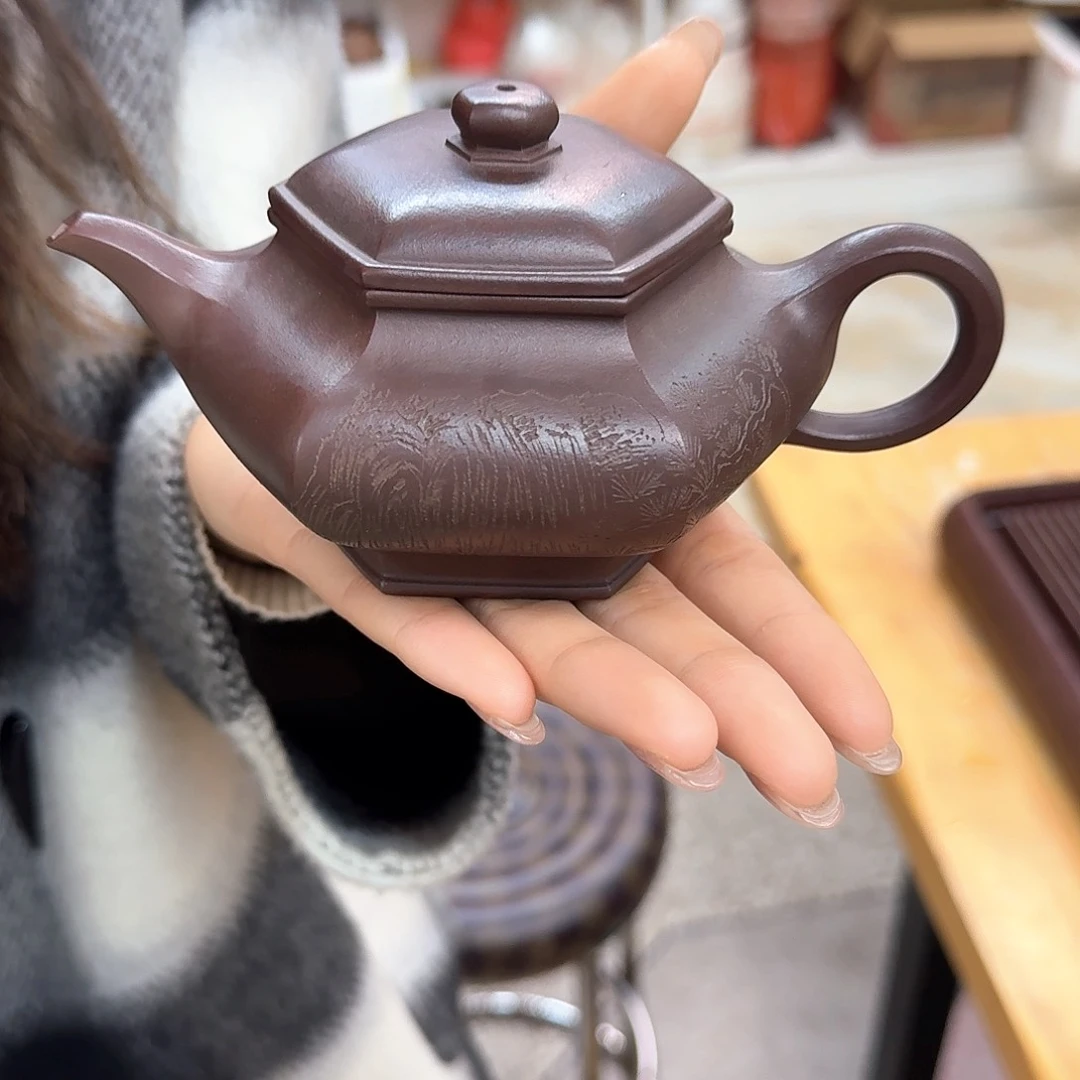 紫砂茶壶紫砂壶六方虚扁230cc
