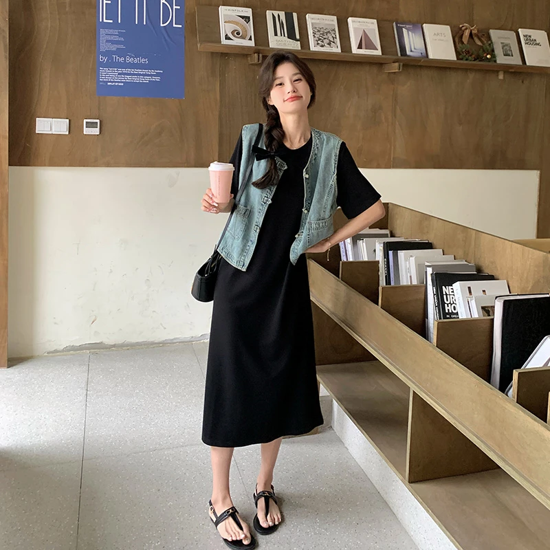 新中式减龄休闲黑色连衣裙套装女2025夏新款牛仔马甲T恤裙两件套