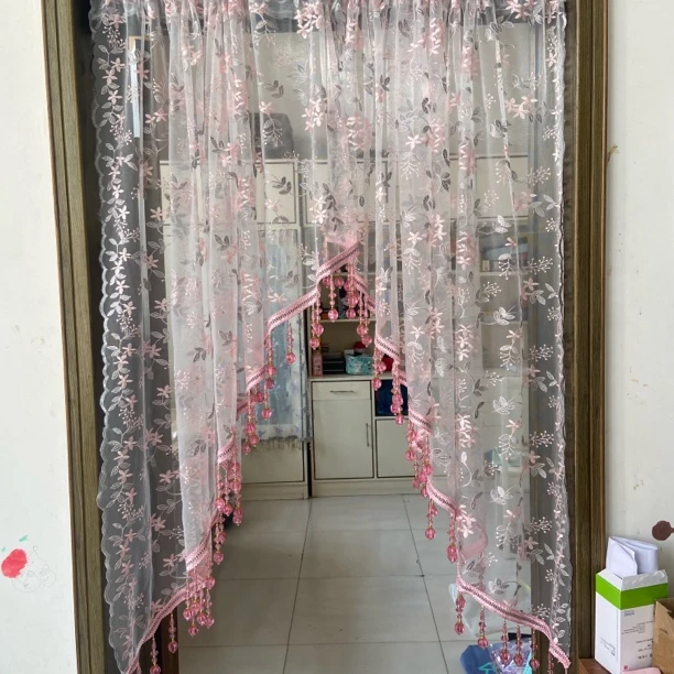 桃之夭夭绣花高端出入门半门帘吊珠免打孔公主风装饰挂帘