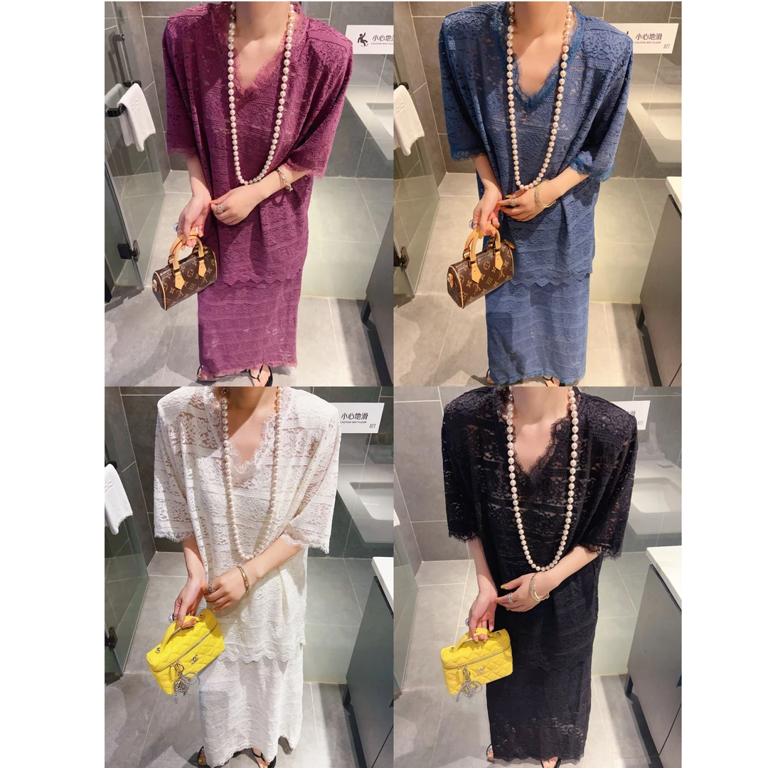 设计款温柔镂空蕾丝时尚套装裙女2025夏新款V领短袖中长衫半身裙