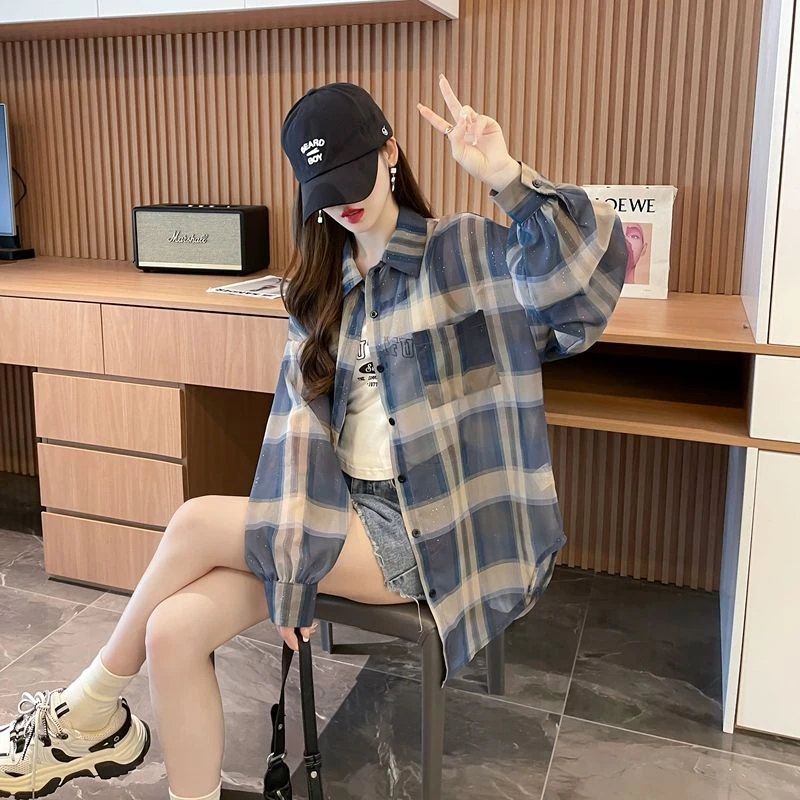 夏季防晒衬衫女中长款开衫薄款格子亮闪闪纽扣口袋时尚减龄防晒衣
