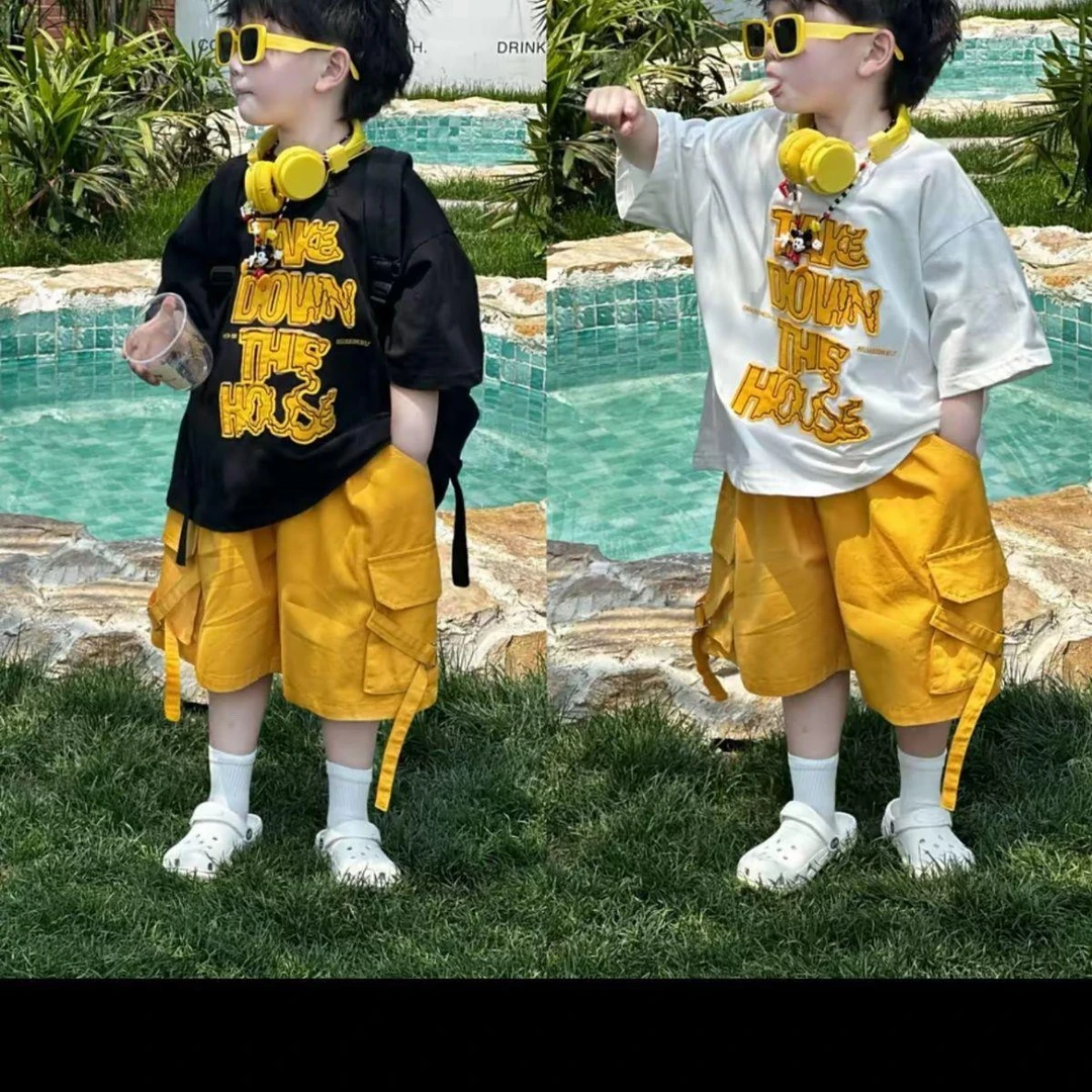 男童套装夏季韩版新款儿童宽松薄款短袖+黄色工装裤两件套潮
