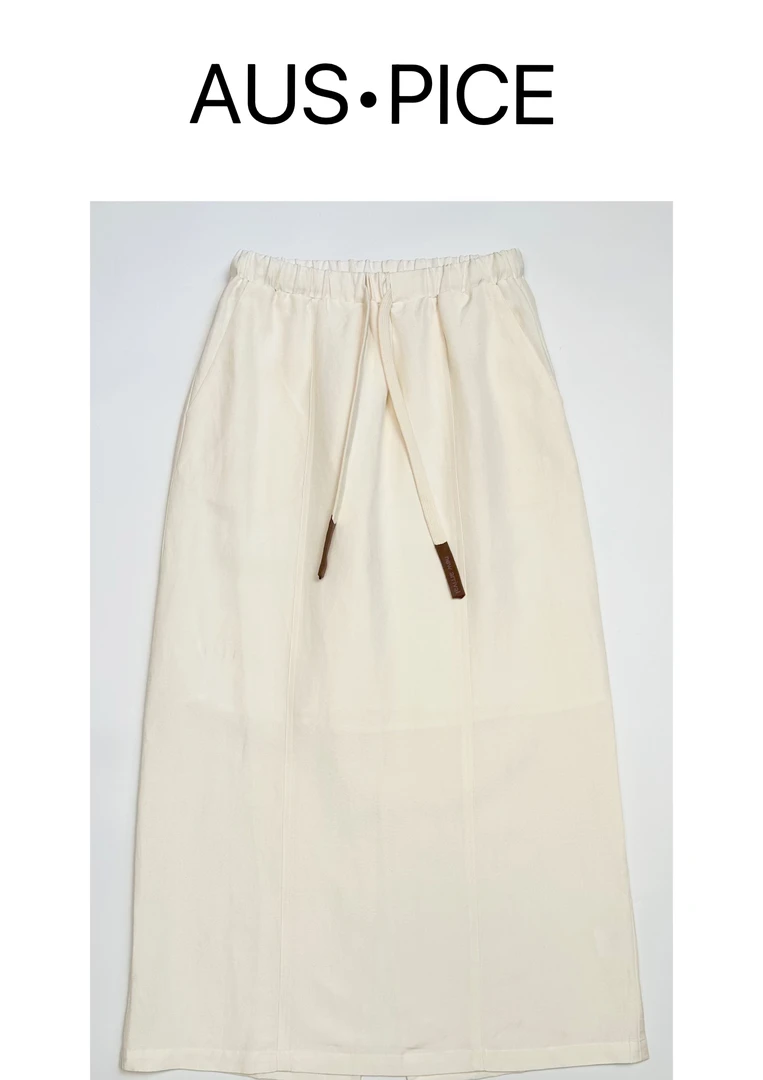 蚕丝亚麻松紧系带五片拼接休闲直筒半身裙
