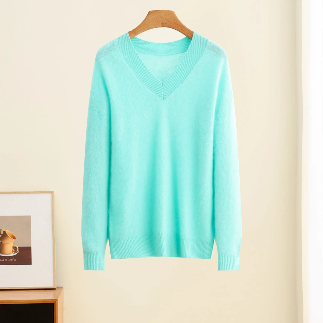 濮天女装羊毛衫V领女长袖落肩袖网红针织时尚百搭女士5375