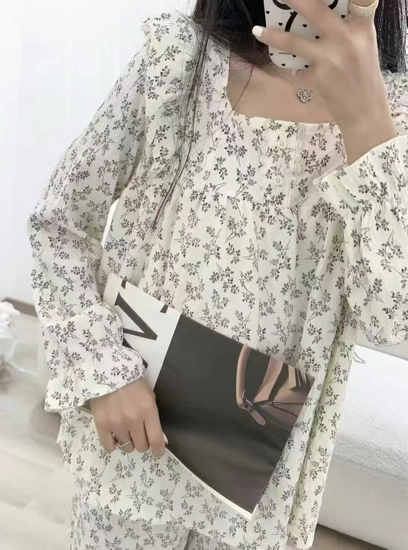 春季新款长袖睡衣女可外穿碎花设计舒适家居服套装329