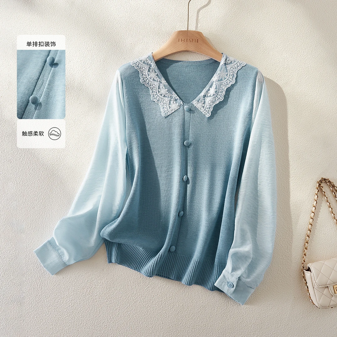 IHIMI/海谧【月亮湖】2025秋新款女装洋气花边领拼接长袖针织衫上衣