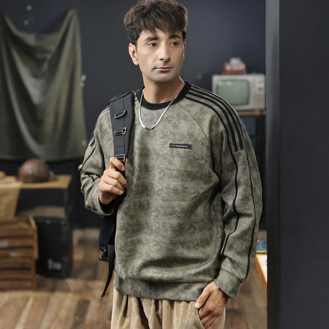 U&PURA美式复古三条杠加绒圆领卫衣男2025秋冬新款宽松潮流保暖