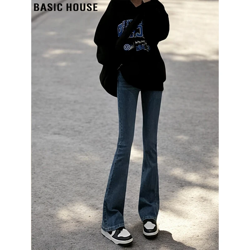 Basic House/百家好紧身微喇牛仔裤女秋季高腰大码直筒窄版喇叭裤