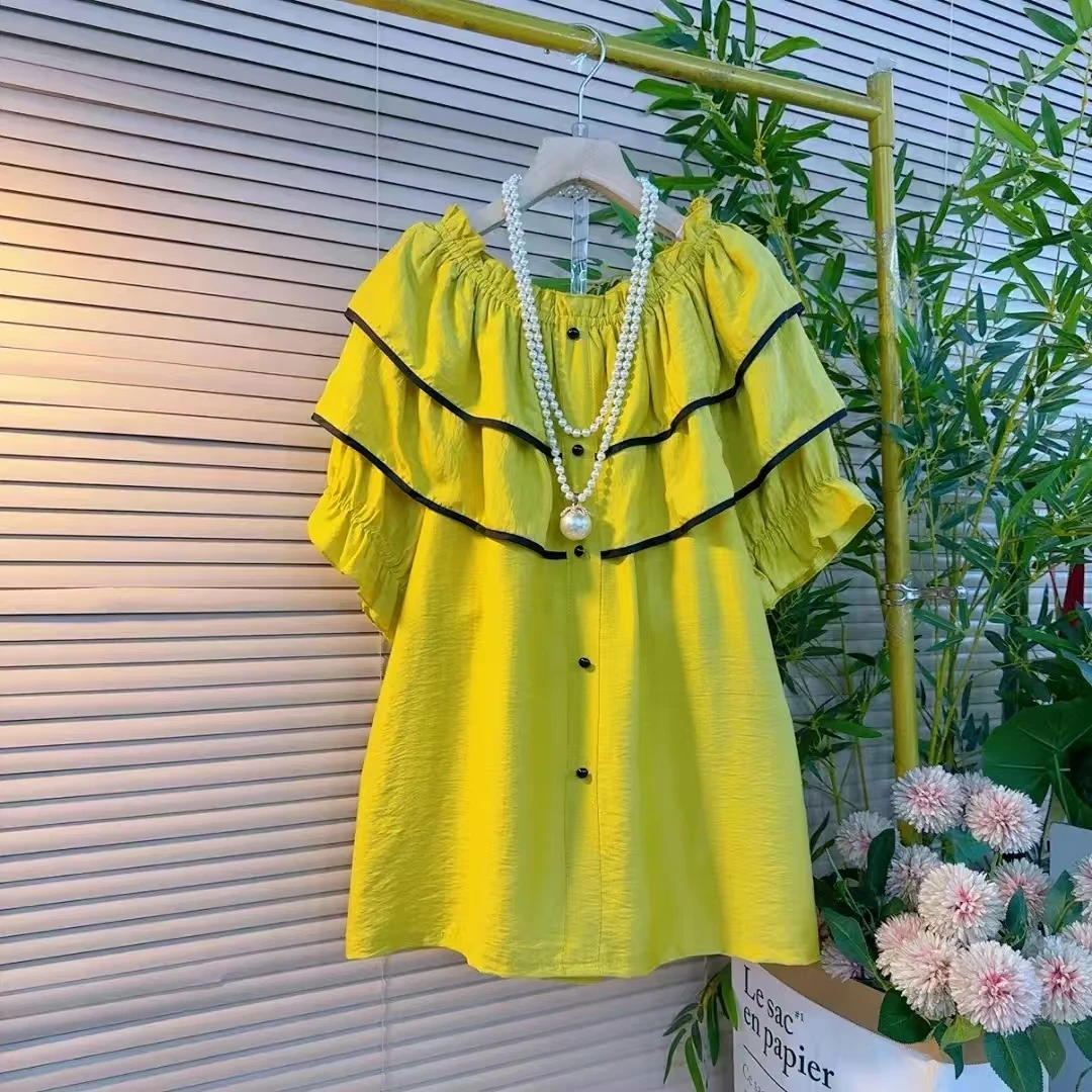 岚岚大码女装新款夏季欧货一字肩圆领洋气清新减龄百搭女神衫1188