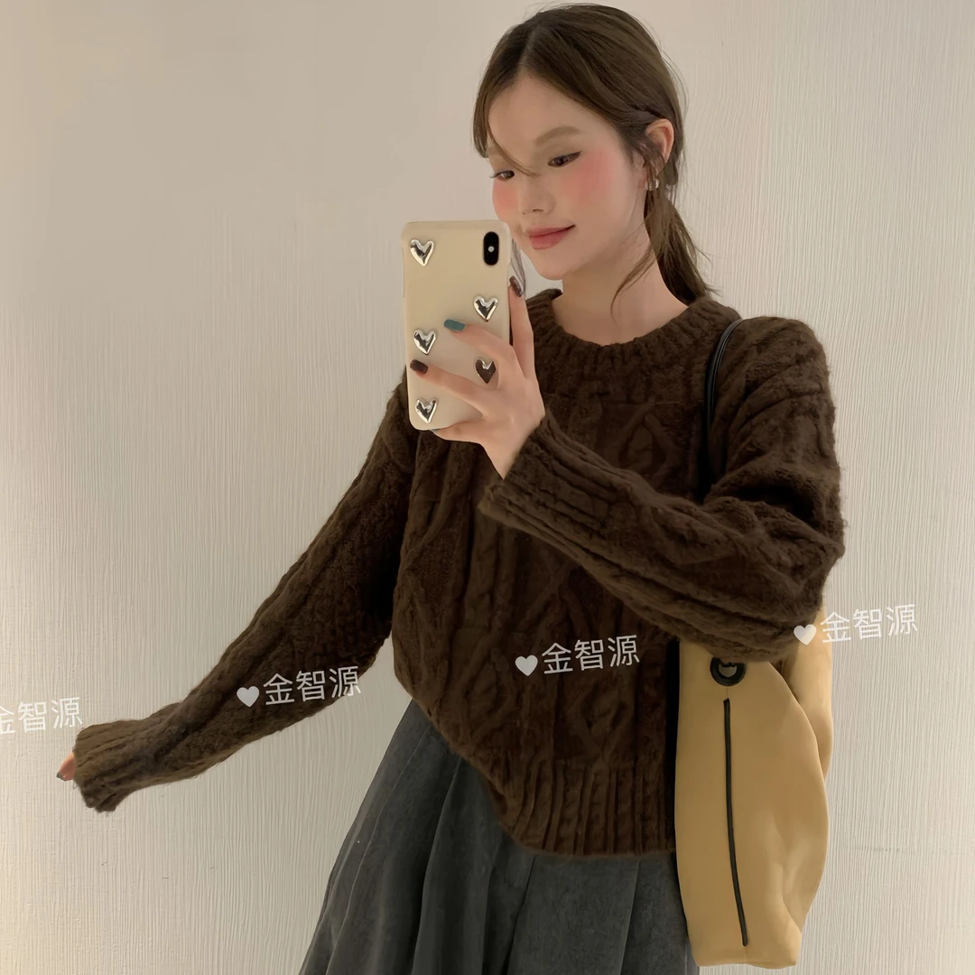 XiANJiE 韩国chic秋冬高级感日系复古宽松慵懒风麻花粗针织毛衣女