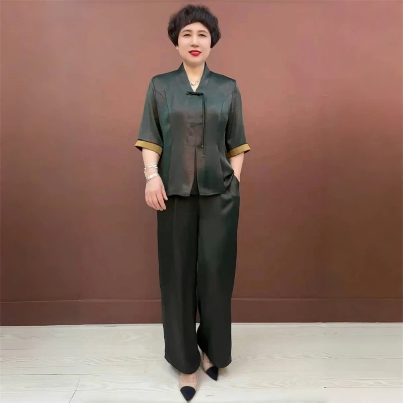 719夏新款中老年妈妈真丝V领旗袍衫中老年阔腿裤宽松大码两件套装