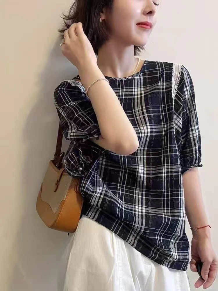 3378款撞色格子短袖衬衫女时尚洋气夏季小衫