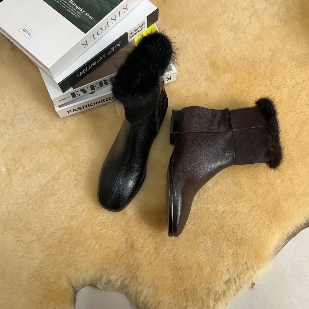 2025秋冬女士新款时装款马毛舒适加绒款圆头百搭粗跟瘦瘦女靴X986