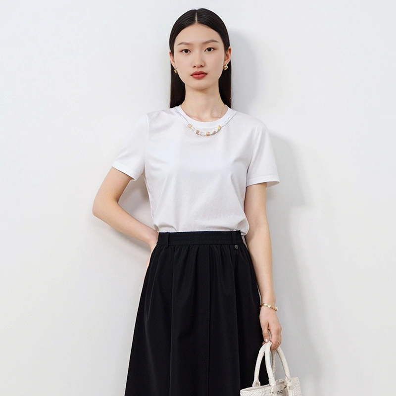 FS通勤百搭圆领串珠宽松短袖T恤衫女25春夏新款5381A