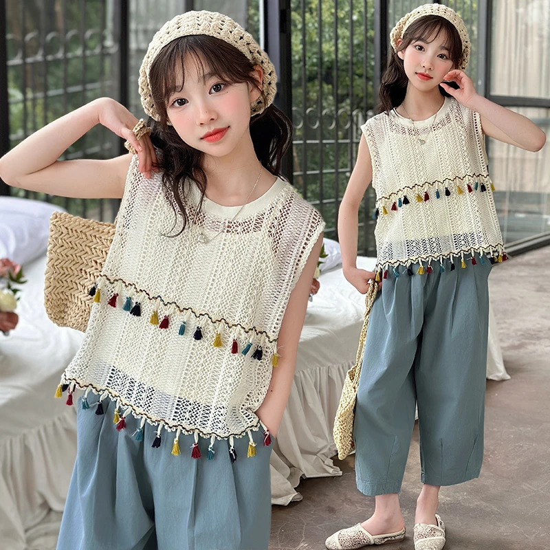 女童度假风蕾丝套装2025新款夏季中大童波西米亚风吊带背心三件套