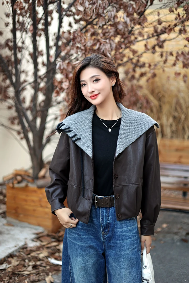 短款秋季常规款常规复古港风皮衣春秋针织翻领复古拼接
