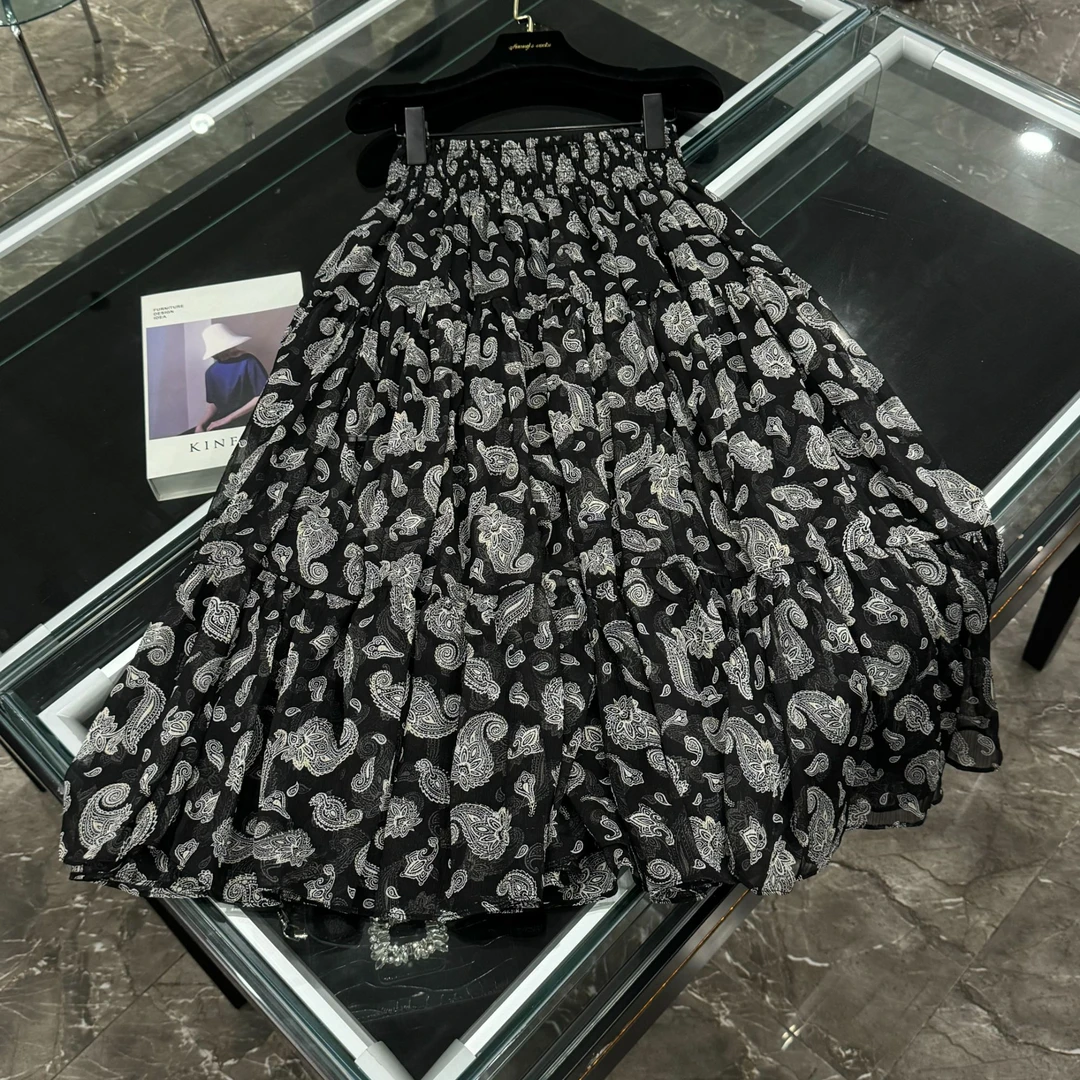 复古洋气黑色印花时尚气质高腰显瘦半身裙-2440