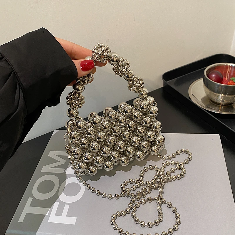 爆款手拎重工串珠网红ins甜辣风设计感小包包个性珍珠小香风