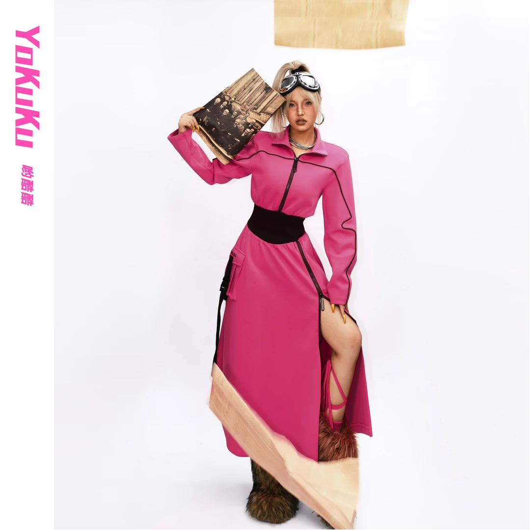 哟酷酷（狂暴女神）美式复古腰身撞色前开叉A字显高修身过膝连衣裙