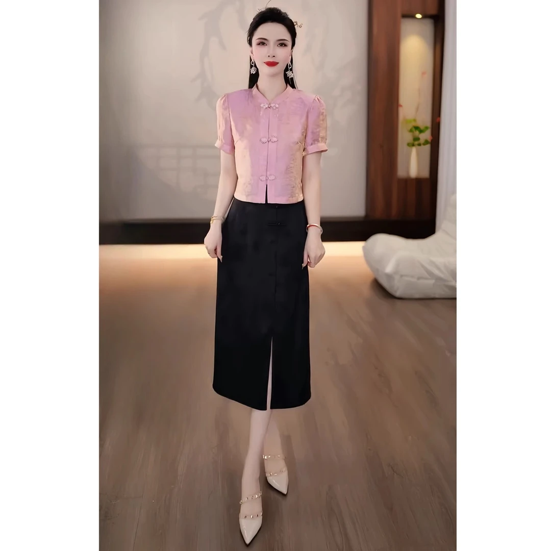 粉色女款两件套2025夏季唐装缎面小衫+黑色新款新中式女款两件套