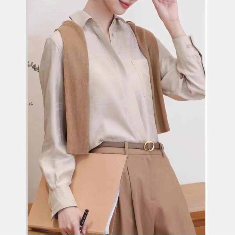 W-1437【禾】春季新款 提花桑波缎长袖简约衬衫女