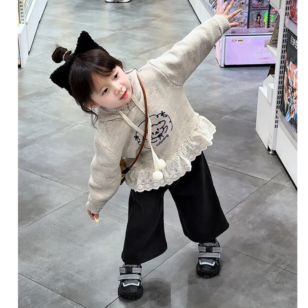 【松果童装】原创设计冬女童灰色小狗加绒毛衣韩系厚款卡通针织衫套