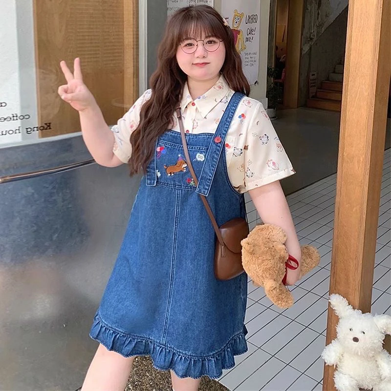 减龄气质大码元气少女牛仔背带短裙+涂鸦衬衫女2025夏胖mm两件套