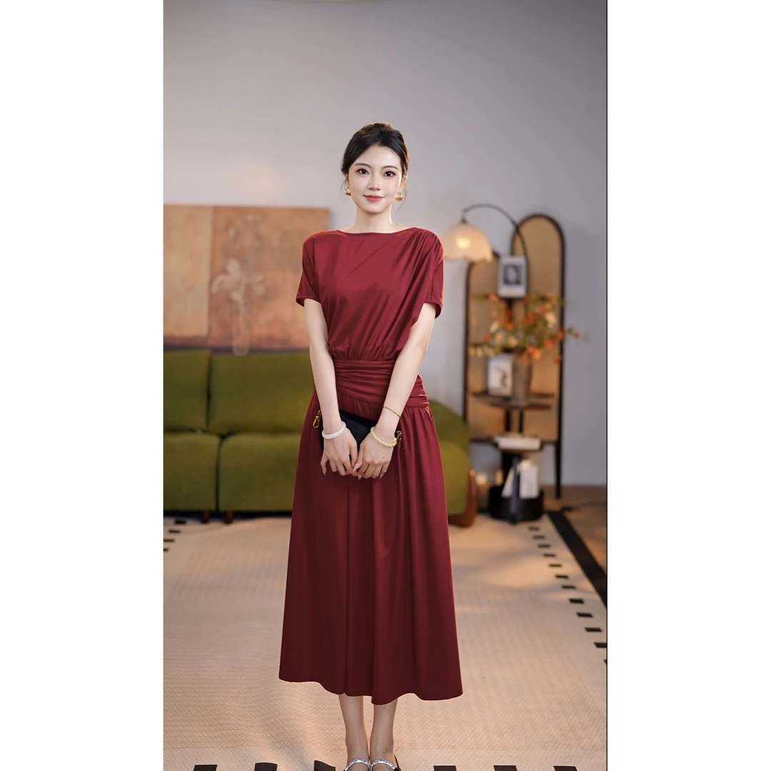 【瑜典】朱砂痣 春夏法式短袖纯色时尚修身显瘦连衣裙-HZ731