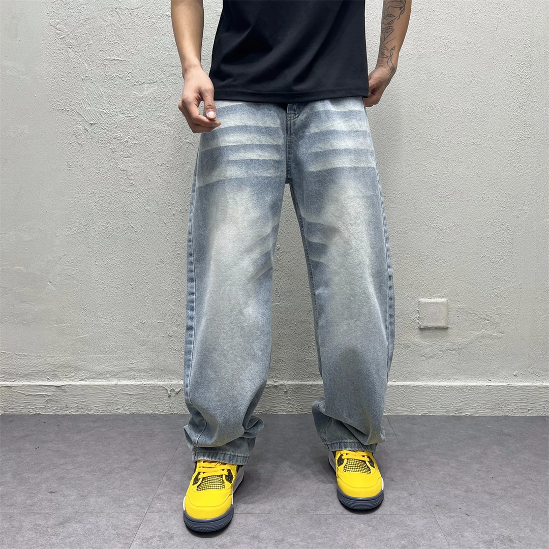 2025春季新款美式潮流宽松百搭复古牛仔裤高街直筒阔腿弯刀裤长裤