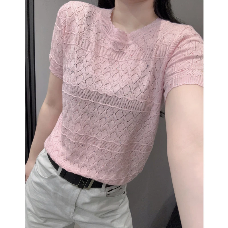 夏季菱形镂空冰丝针织衫短袖女设计感显瘦宽松百搭小衫上衣欧洲站