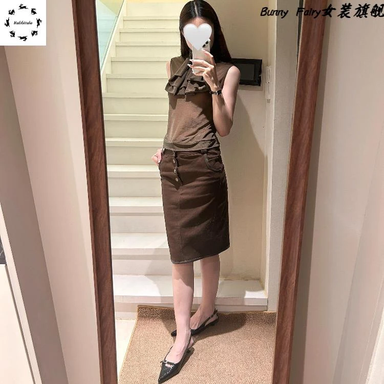 美式复古撞色皮条拼接工装裙铅笔裙半身裙女夏季新款包臀裙中裙子