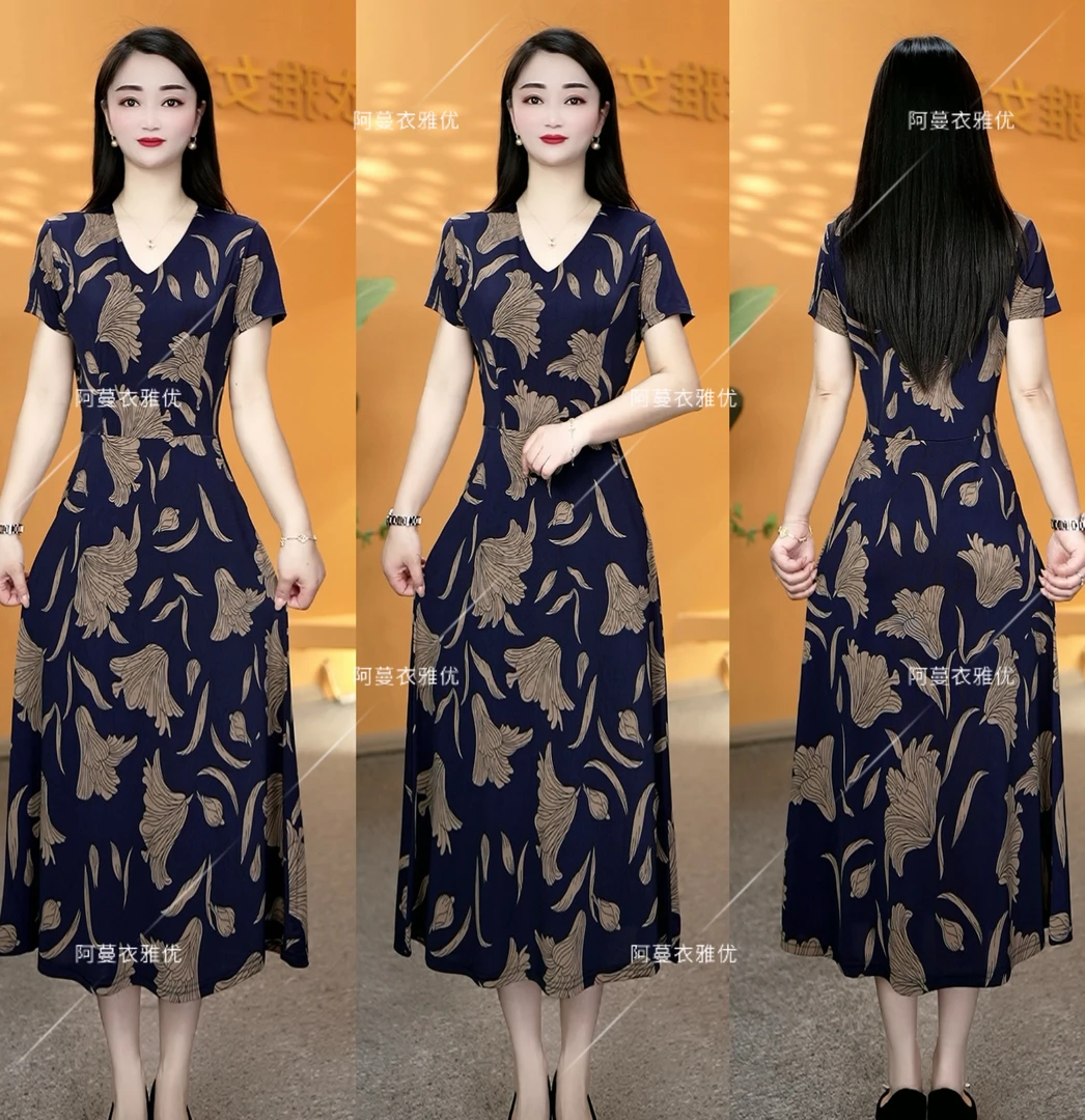 【衣雅严选】1150-162新品时尚遮肉显瘦减龄裙子气质高腰短袖连衣裙