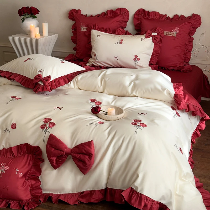 皇后娘娘法式荷叶边长绒棉结婚四件套轻奢公主风玫瑰刺绣纯棉被套