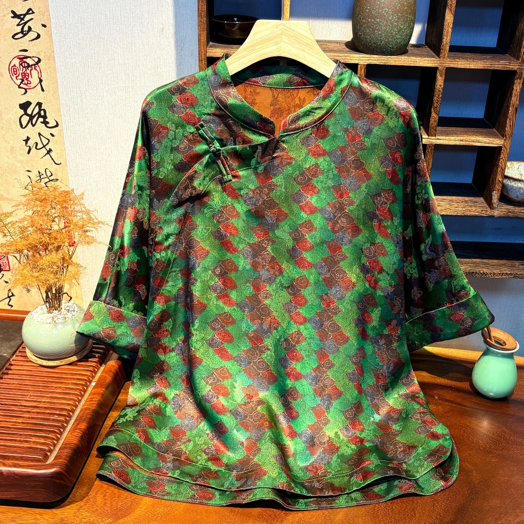 YUEZHE精选绿色新中式短袖2025国风夏季时尚复古宽松上衣