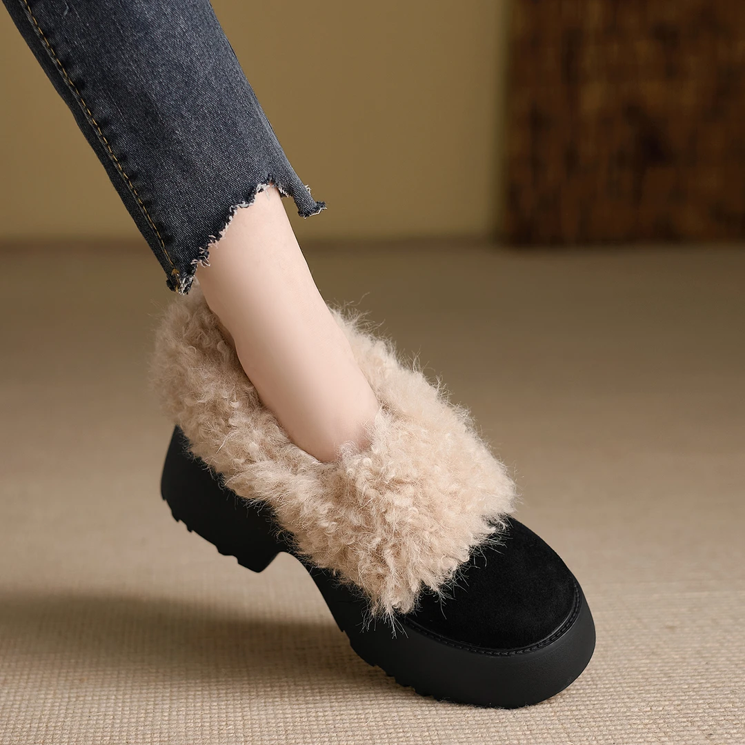 小个子手工女鞋6.5cm~勃肯鞋厚底增高加绒加厚乐福鞋女保暖毛毛鞋