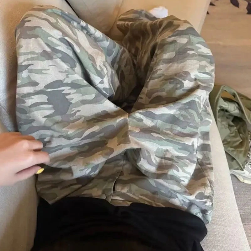 【透气水洗棉】美式复古迷彩裤女春夏季薄款高腰宽松拖地休闲裤