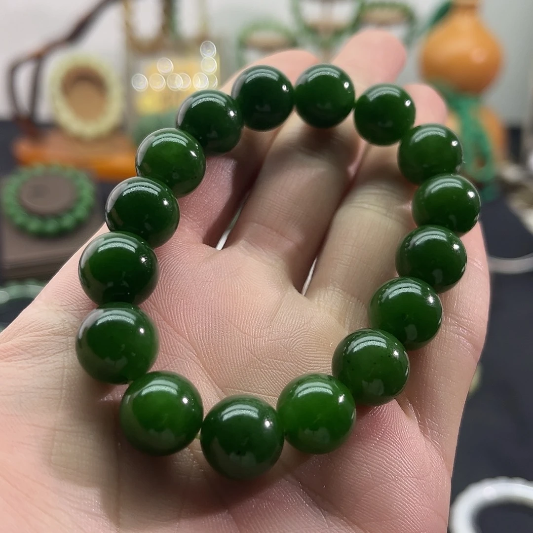 和田玉未镶嵌颈饰俄碧-菠菜绿手串-13mm