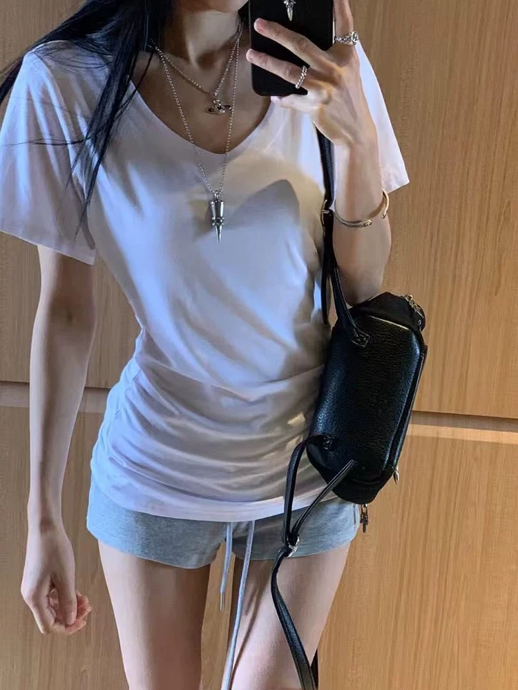 白色正肩收腰V领短袖t恤女夏季2025年新款chic甜辣妹修身短款上衣