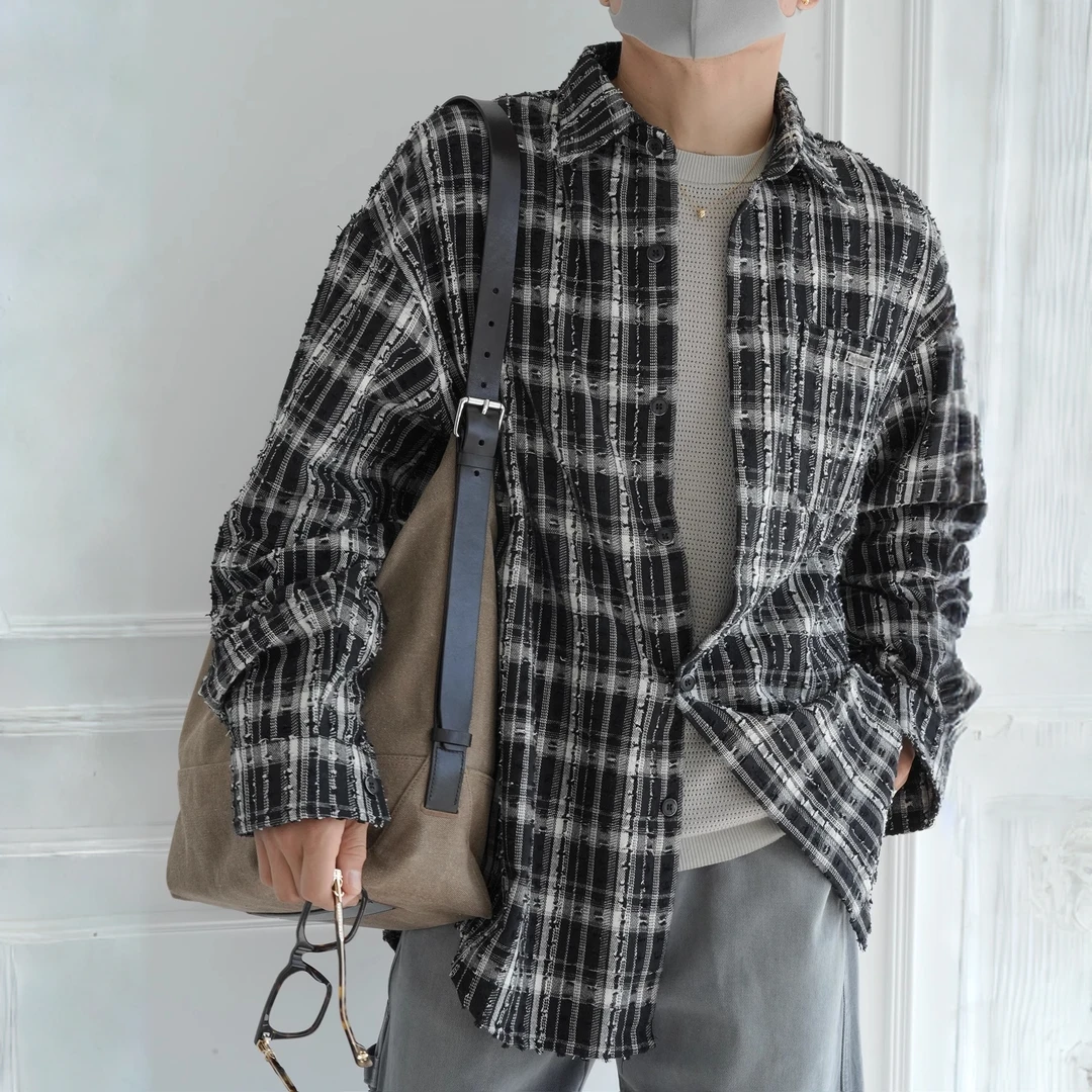 美式潮牌色织格纹翻领衬衫式外套男士秋季新款简约松弛感休闲上衣