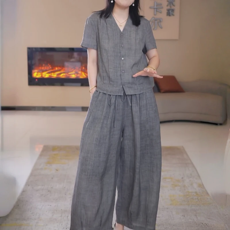 时尚阔腿裤套装女2025夏季新款气质单排扣短袖T恤百搭显瘦一整套