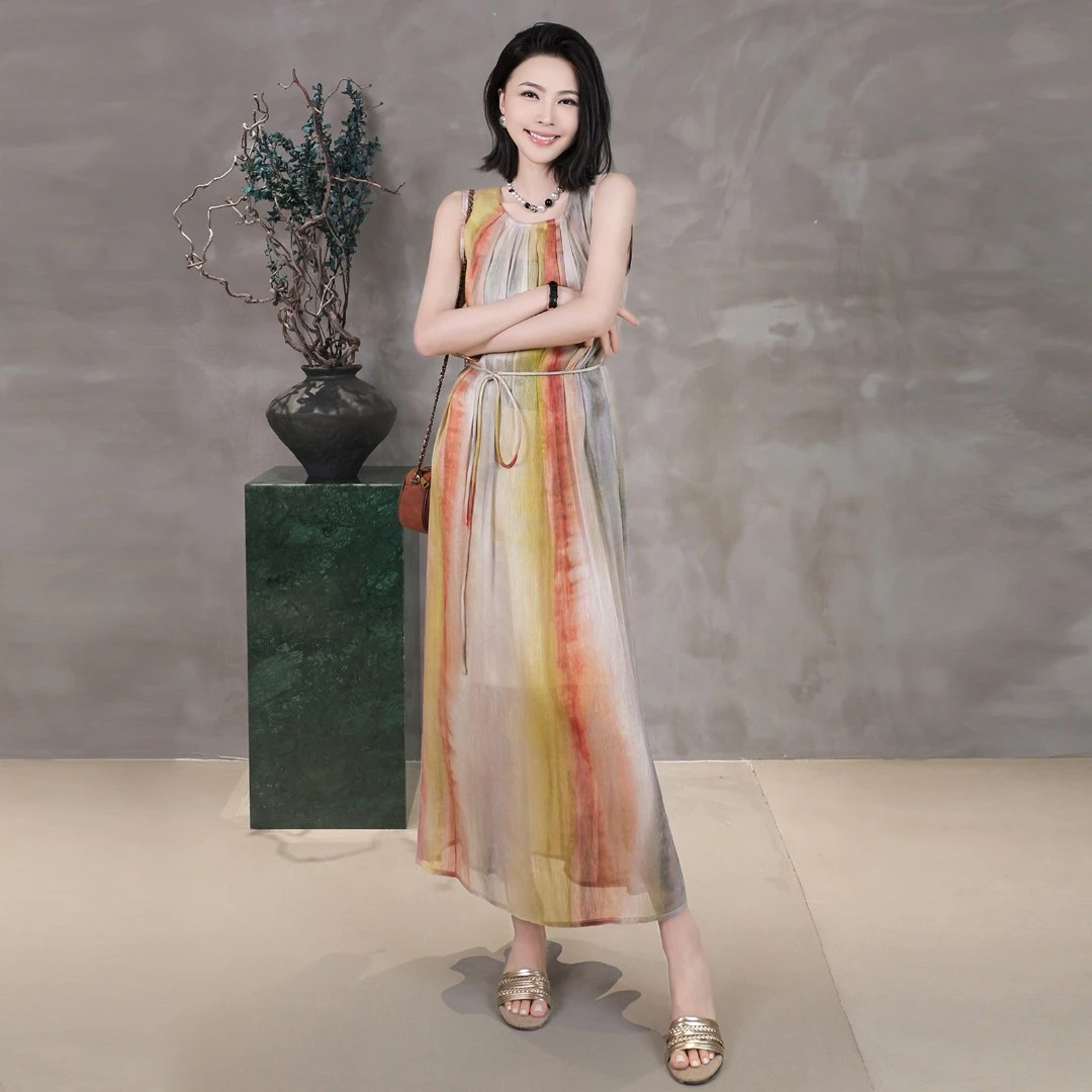溶溶【彩虹与诗】RONGRONG 亚麻桑蚕丝混纺褶皱无袖连衣裙 88WV578