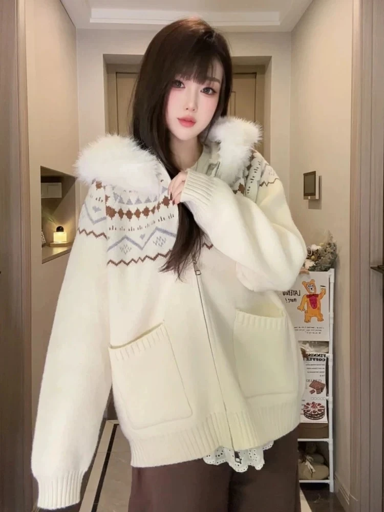 复古费尔岛毛领连帽毛衣外套女春秋冬加厚宽松百搭双拉链针织开衫