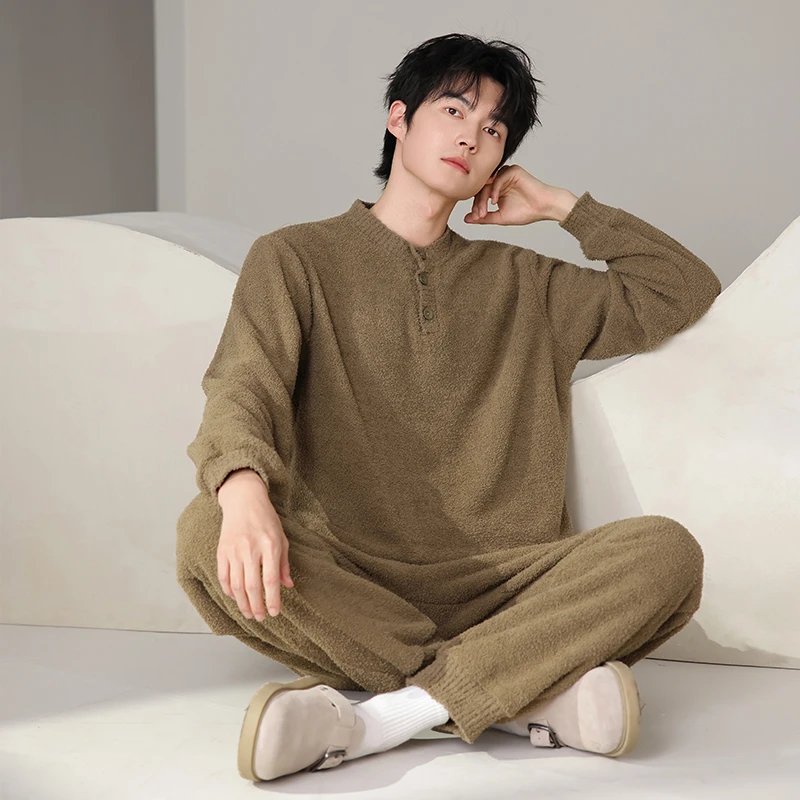 半边绒男士睡衣秋冬季加厚保暖2025新款长袖长裤家居服套装可外穿