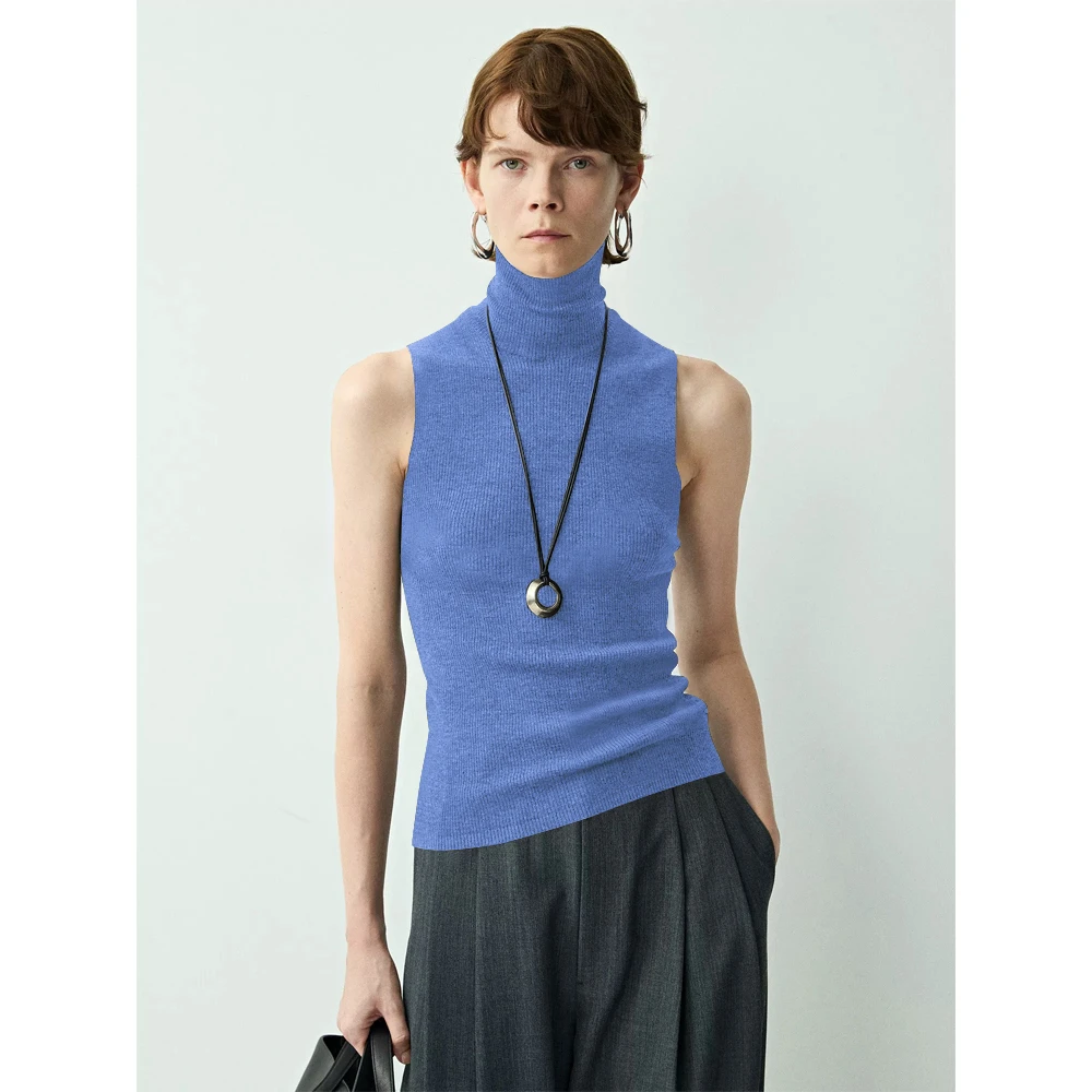 法式高领无袖外穿针织背心女夏蓝色修身显瘦内搭打底百搭吊带上衣