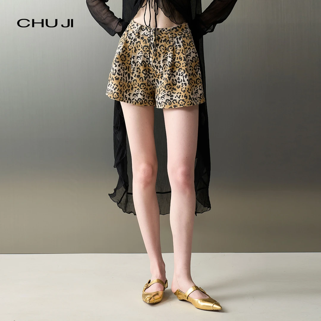 Chuji/出迹豹美人 高腰豹纹牛仔短裤女2025早秋新款宽松-E2Z2615K